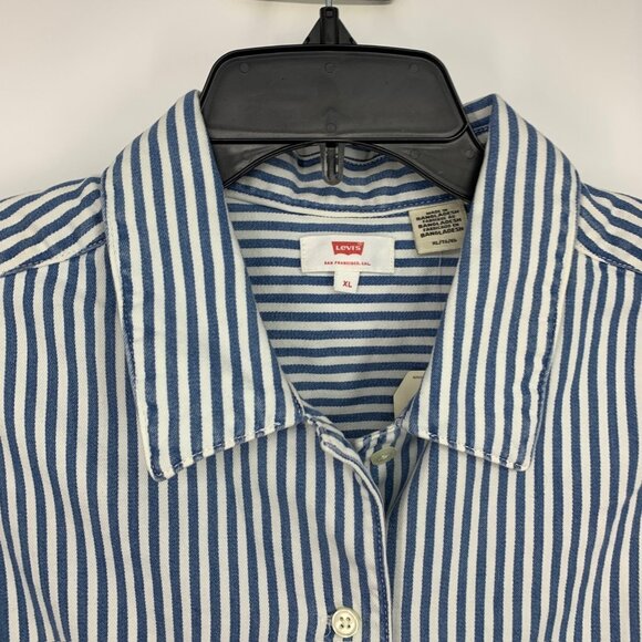 Levis Top Rumi Blue Stripe Cropped Sleeveless Button Down Tie Front - Picture 3 of 9